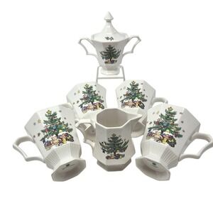 Nikko Christmastime Japan Ceramic Christmas Tree Mug Creamer Sugar Bowl Set 6 Pc